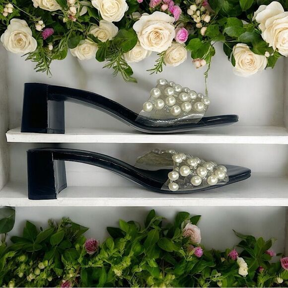 SHEIN l Pearl Endowed Black Heels, Sandals l 2 1/2” heel l 39 l EUC - Picture 7 of 10